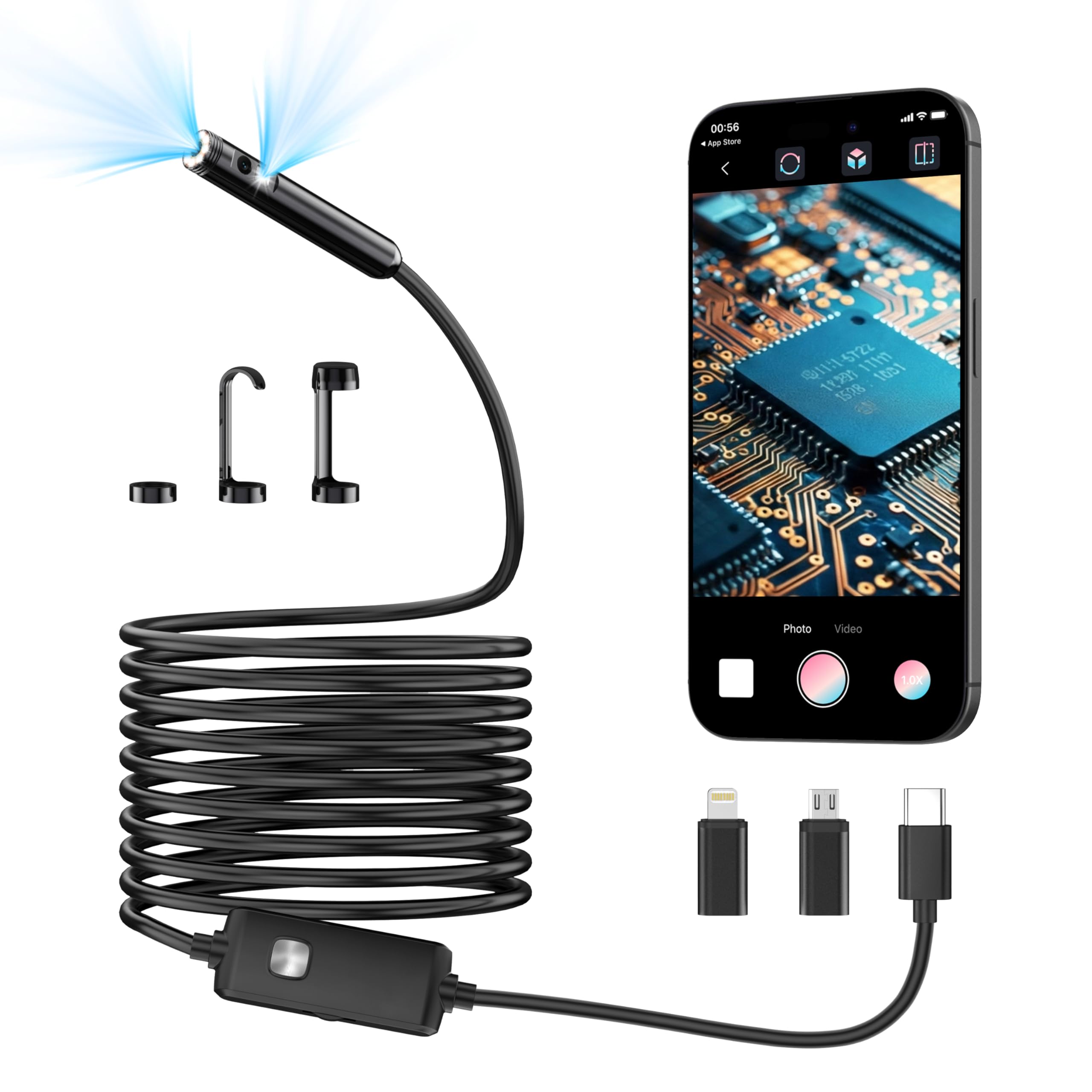 Photo 1 of [Dual-Lens] Endoscope Camera with Light,1920P HD Borescope with 8+1 Adjustable LED Lights, IP67 Waterproof Endoscope with Semi-Rigid Snake Cable, Inspection Borescope for iOS and Android-16.4ft