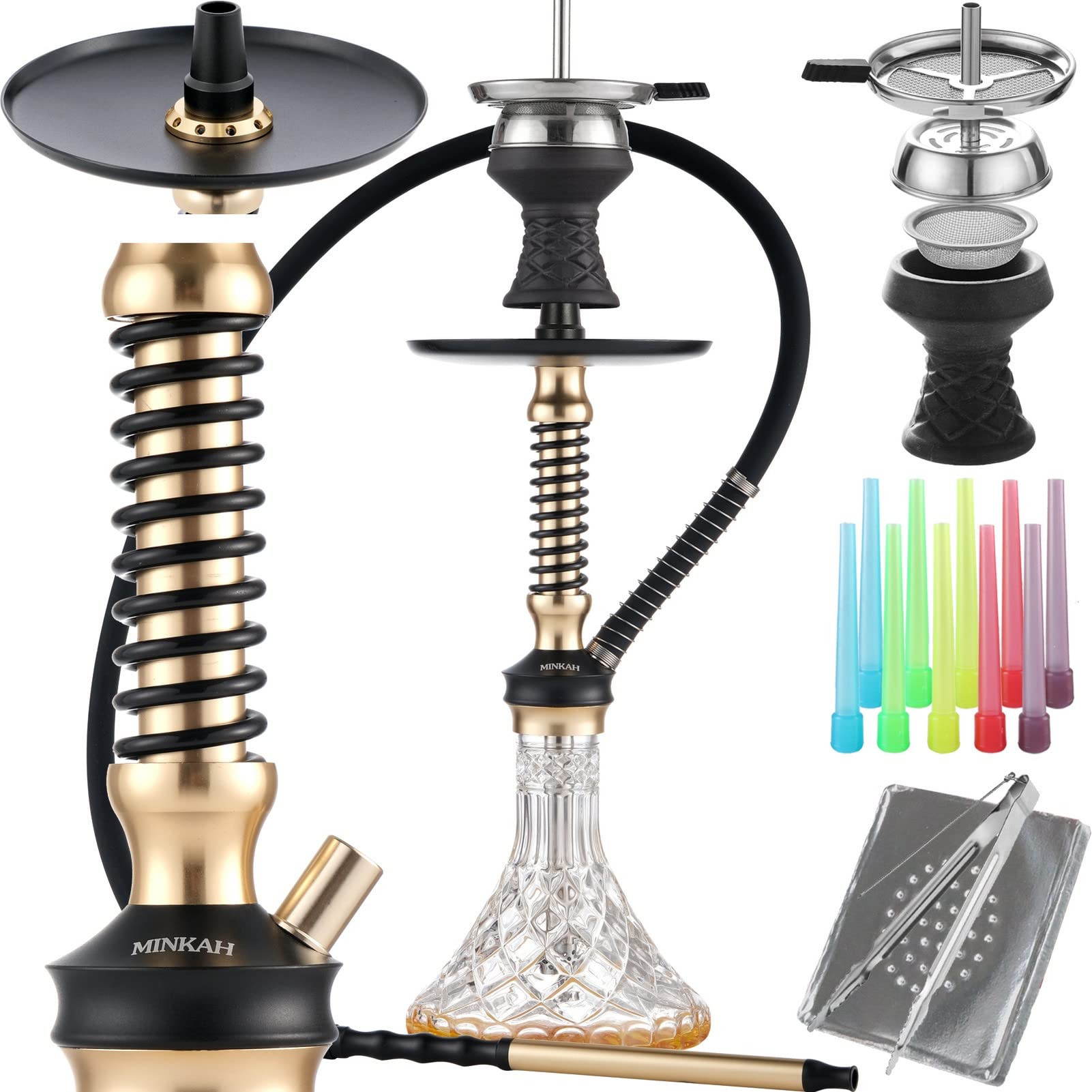 Photo 1 of Hookah Set with Everything Accessories Silicone Hose Bowl Coal Tongs Mouth Tips Chimney Screen Diffuser, 2023 Small Glass Shisha Hookahs Set Complete Aluminum Stem Hooka Narguile Smoking Gold