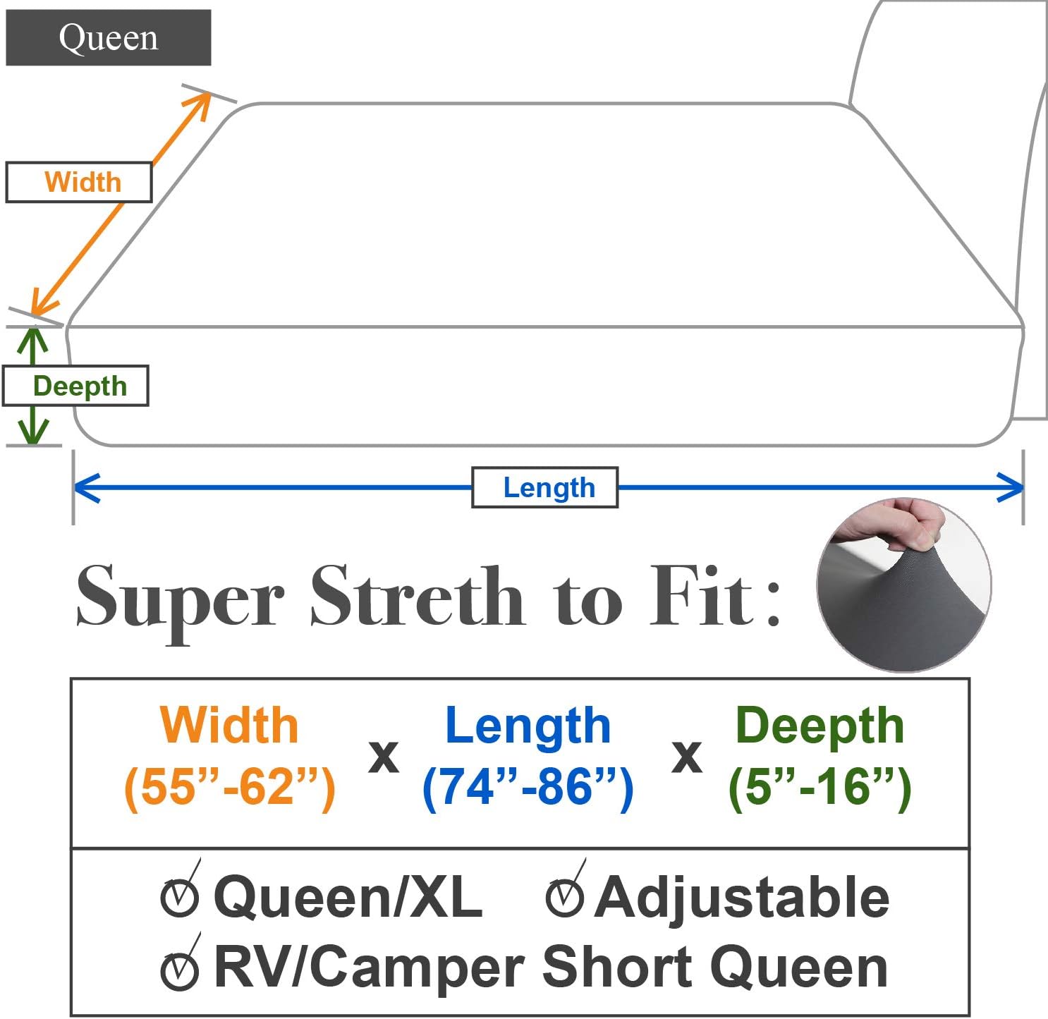 Queen Fitted Sheet Only - Stretch Jersey Knit & Non-Slip, Snug Fit for Queen, Queen XL or RV/Camper Short Queen Sized Mattress or Box Spring (Deep: 5" to 16") - Light Gray: Home & Kitchen
