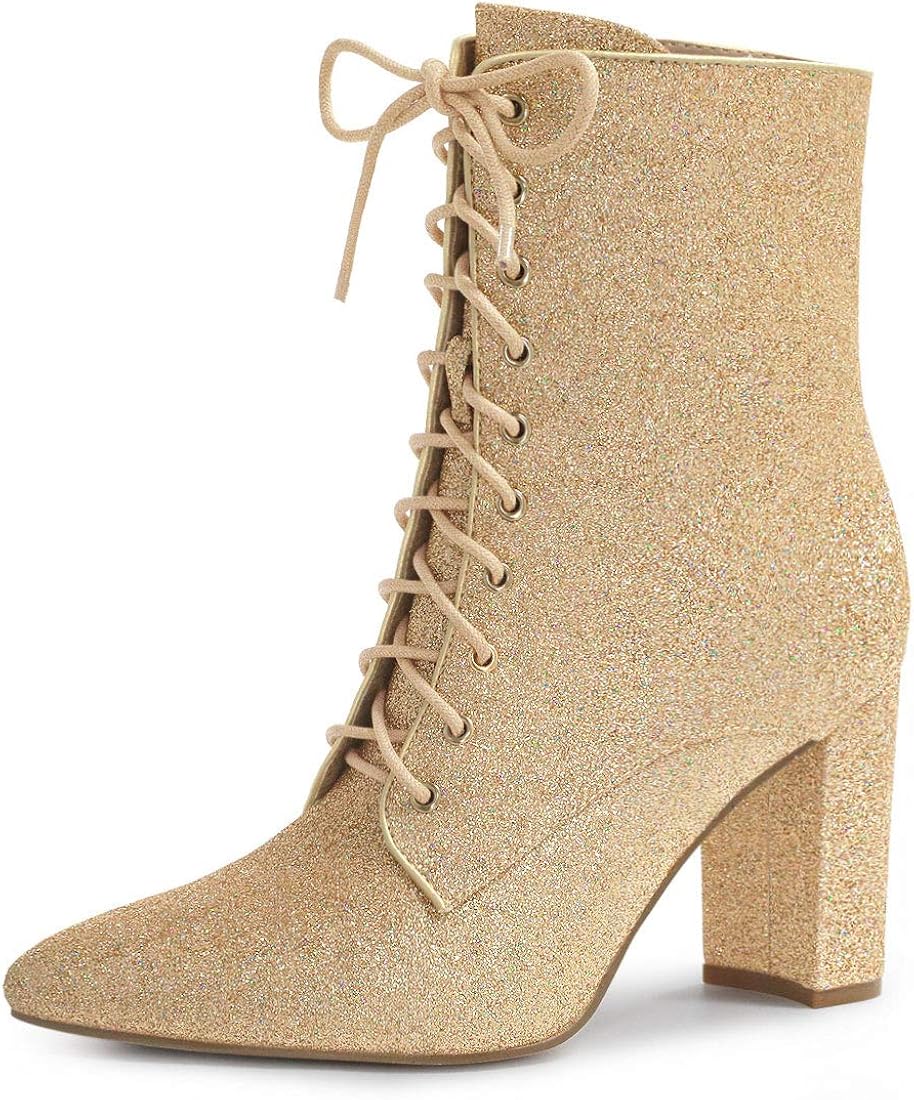 Allegra K Damen Spitzzehen Blockabsatz Lace Up Glitzer Boots Stiefel
