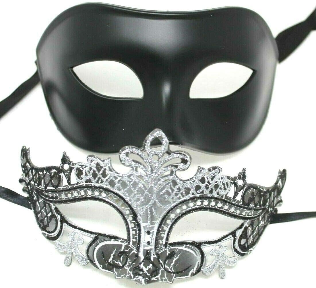HIS N HERS PAIR OF CO-ORDINATED SILVER & BLACK COUPLES VENETIAN MASQUERADE CARNIVAL PARTY BALL EYE MASKS, Silver Black, 8cm deep