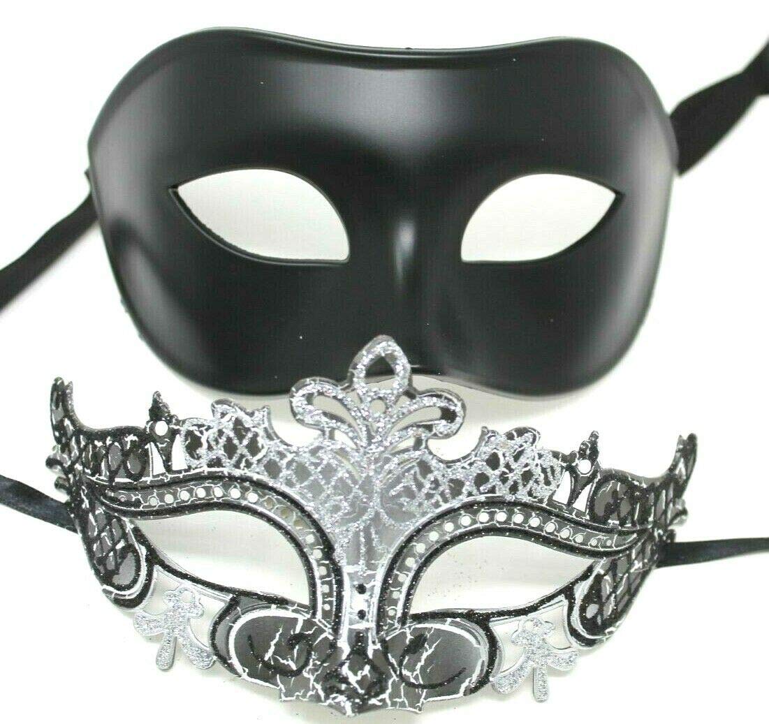 HIS N HERS PAIR OF CO-ORDINATED SILVER & BLACK COUPLES VENETIAN MASQUERADE CARNIVAL PARTY BALL EYE MASKS