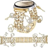 Cuban Chain Band Compatible with Samsung Galaxy Watch 8 40mm/44mm,Galaxy Watch 8 Classic 46mm,Bling Diamond Metal Wristband with Cute Charms Pendants Women