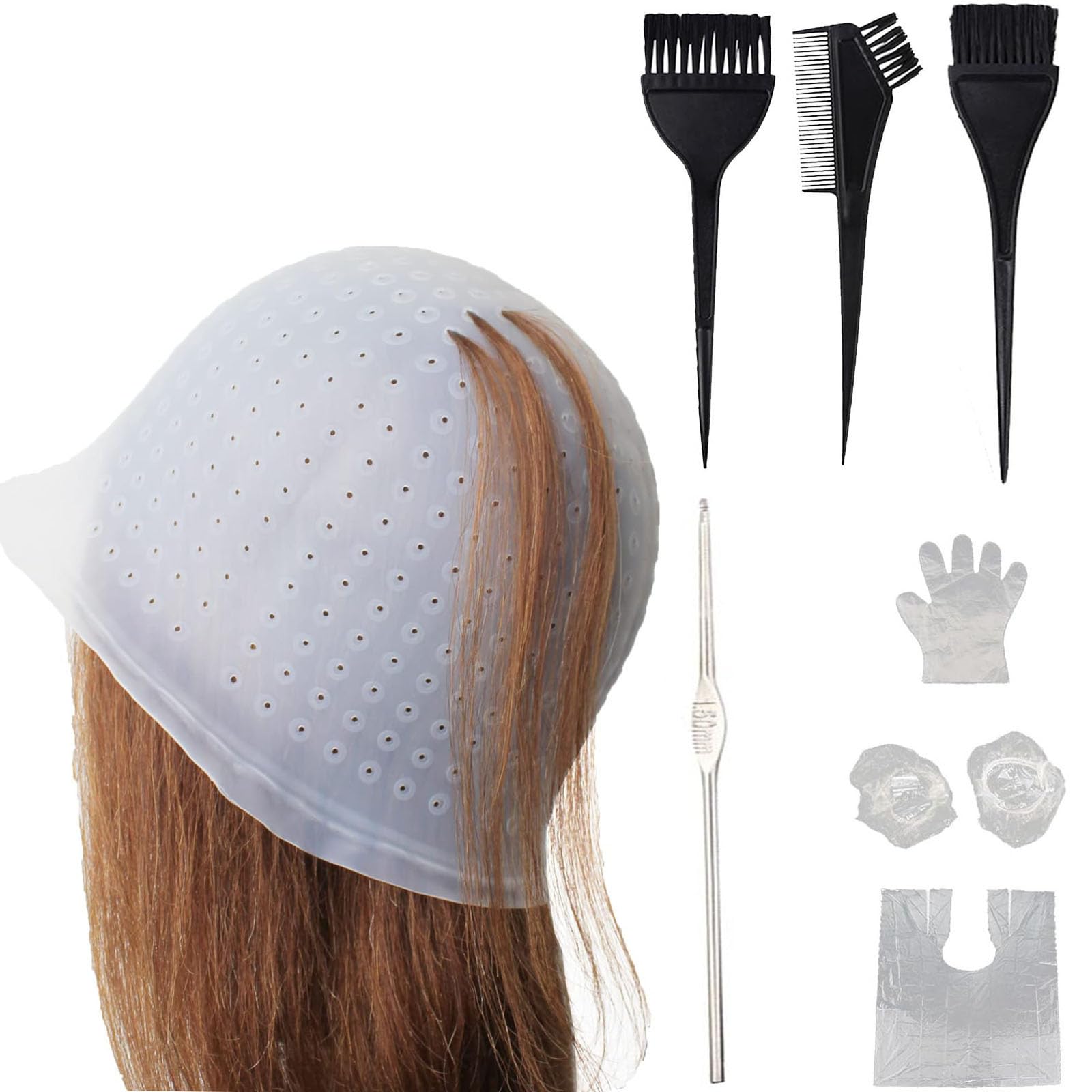 Pre drilled holes Highlight Caps,11 Pcs Silicone Highlight Cap Kit with Hair Coloring Brushes and Needle,Highlighting Frosting Cap for Color Salon Silicone Hairdressing Tools for Women Girls