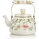 Jucoan 2.6 Quart Vintage Enamel Tea Kettle, Green Floral Enamel on Steel Kettle Stovetop Kettle Teapot with Porcelain Handle 