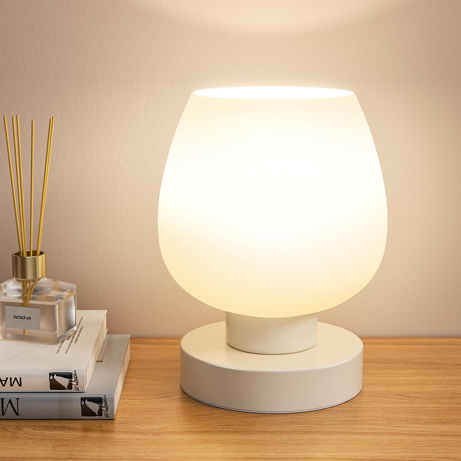 Photo 1 of Touch Table Lamp for Nightstand - Small Bedside Lamp for Bedroom Living Room Night Stands, Desk Lamp with White Glass Shade for Small Spaces, 3 Way Dimmable, LED Bulbs, Gifts