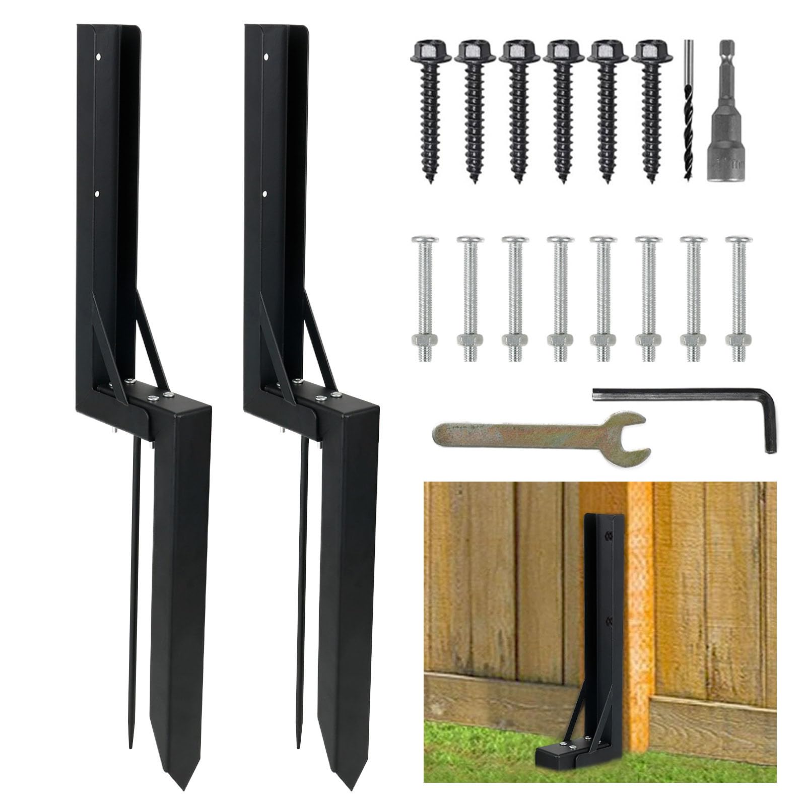 Caossuixin Duty Fence Post Repair(2 pcs), Steel Fence Repair Stakes, Fence Post Spikes Set with Nails & Wrench, Fence Post Support Stake for Repairing Damaged Gate, Sign or Mailbox