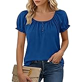 Tankaneo Womens Short Sleeve Shirts Puff Ruffle Sleeve Scoop Neck Pleated Tops Summer Casual Loose Fit Henley Shirt