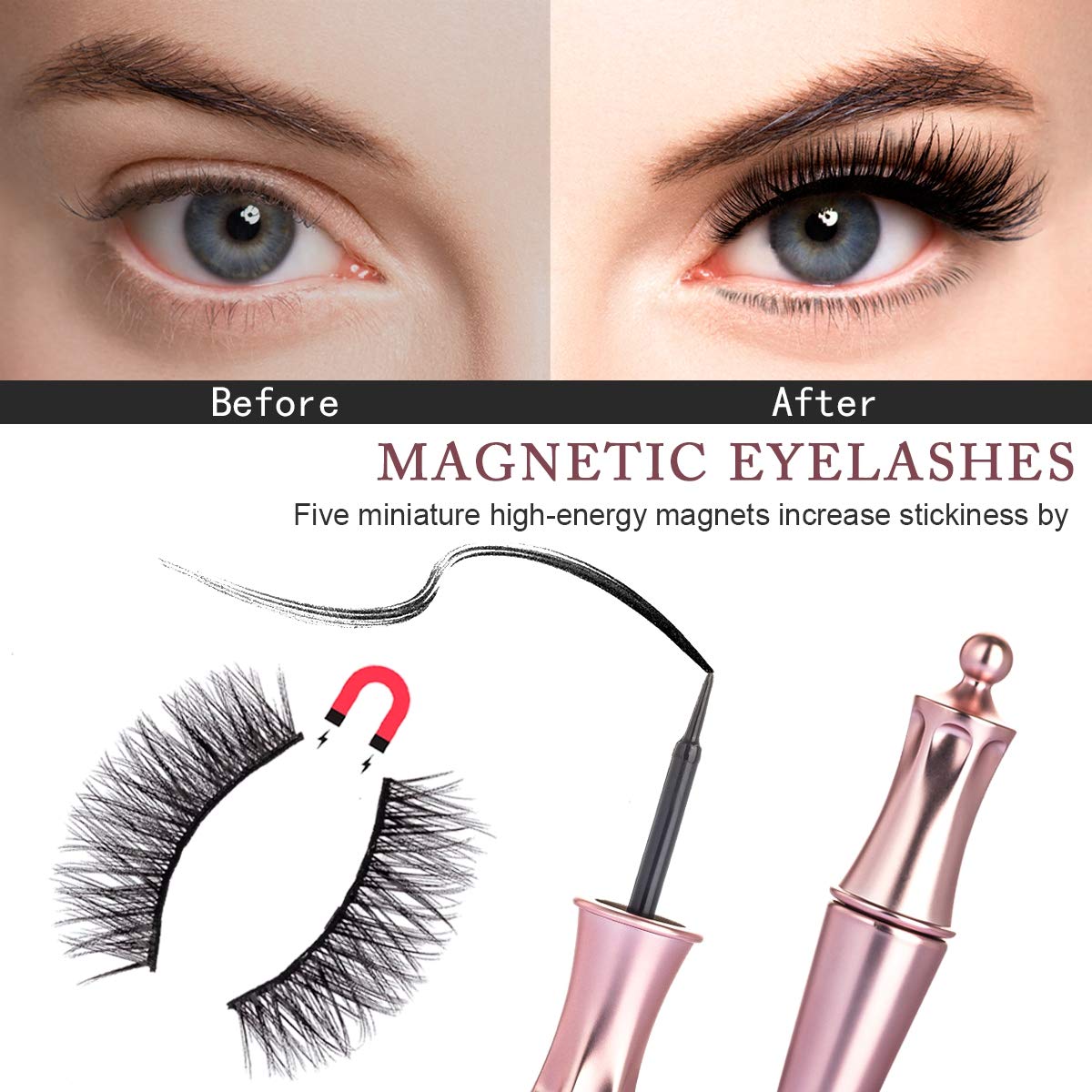 Magnetic Eyelashes with Eyeliner Kit, 5 Magnets Per Lash, Waterproof Sweatproof Magnetic Liquid Eyeliner, 3D Magnetic False Eyelashes & Tweezers, Eyelashes With Natural Look, No Glue Needed