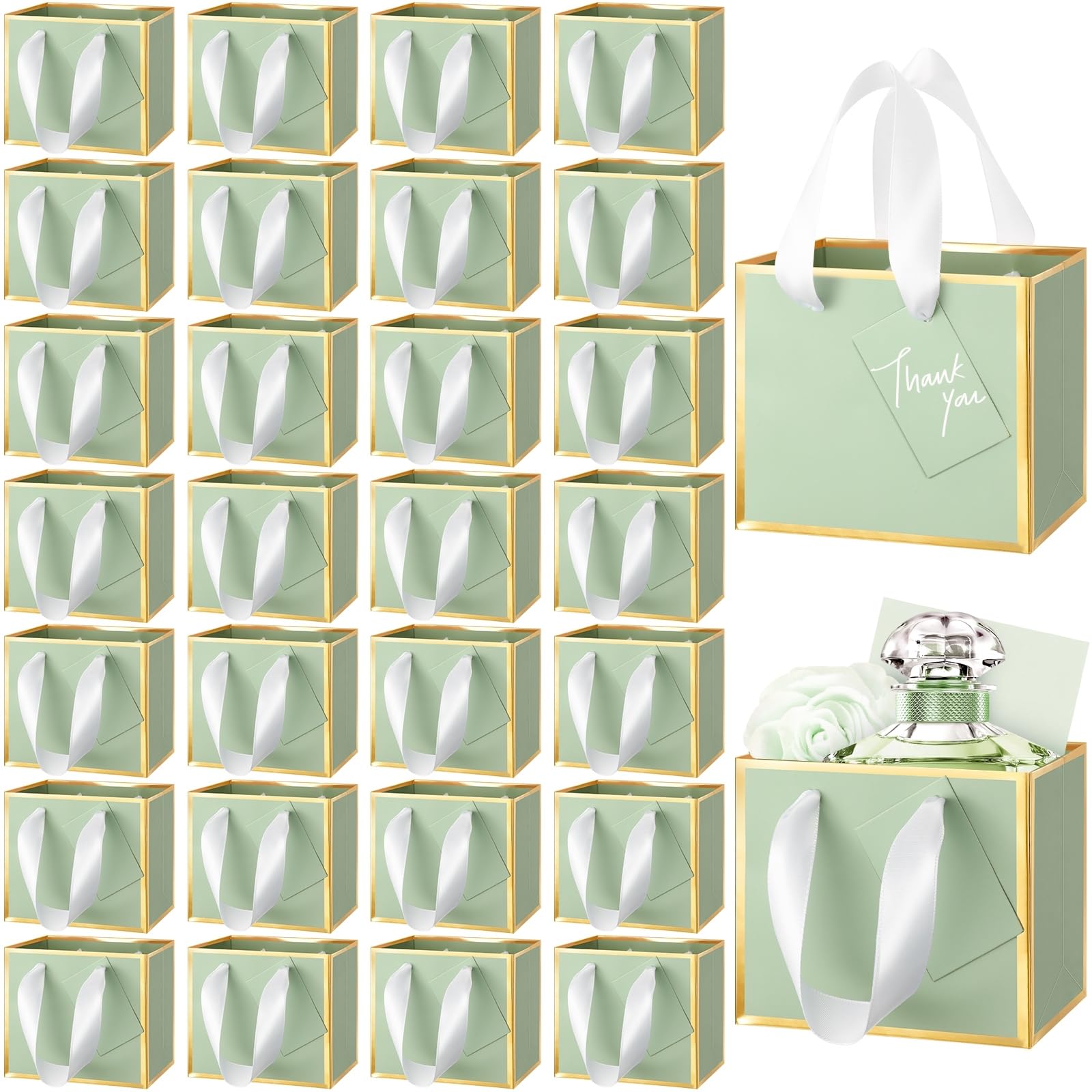 Photo 1 of Yeaqee 50 Pcs Mini Metallic Foil Gift Bags with Handles 4x4.75x2.25'' Tiny Thank You Favor Bag Bulk with Tag for Fall Thanksgiving Halloween Wedding Baby Shower Birthday Party (Sage Green, Gold)