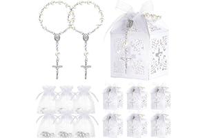 50 Packs Baptism Favors Set Acrylic Rosary Beads Faux Pearls with Organza Bags and Cross Baptism Favor Boxes Recuerdo De Boda