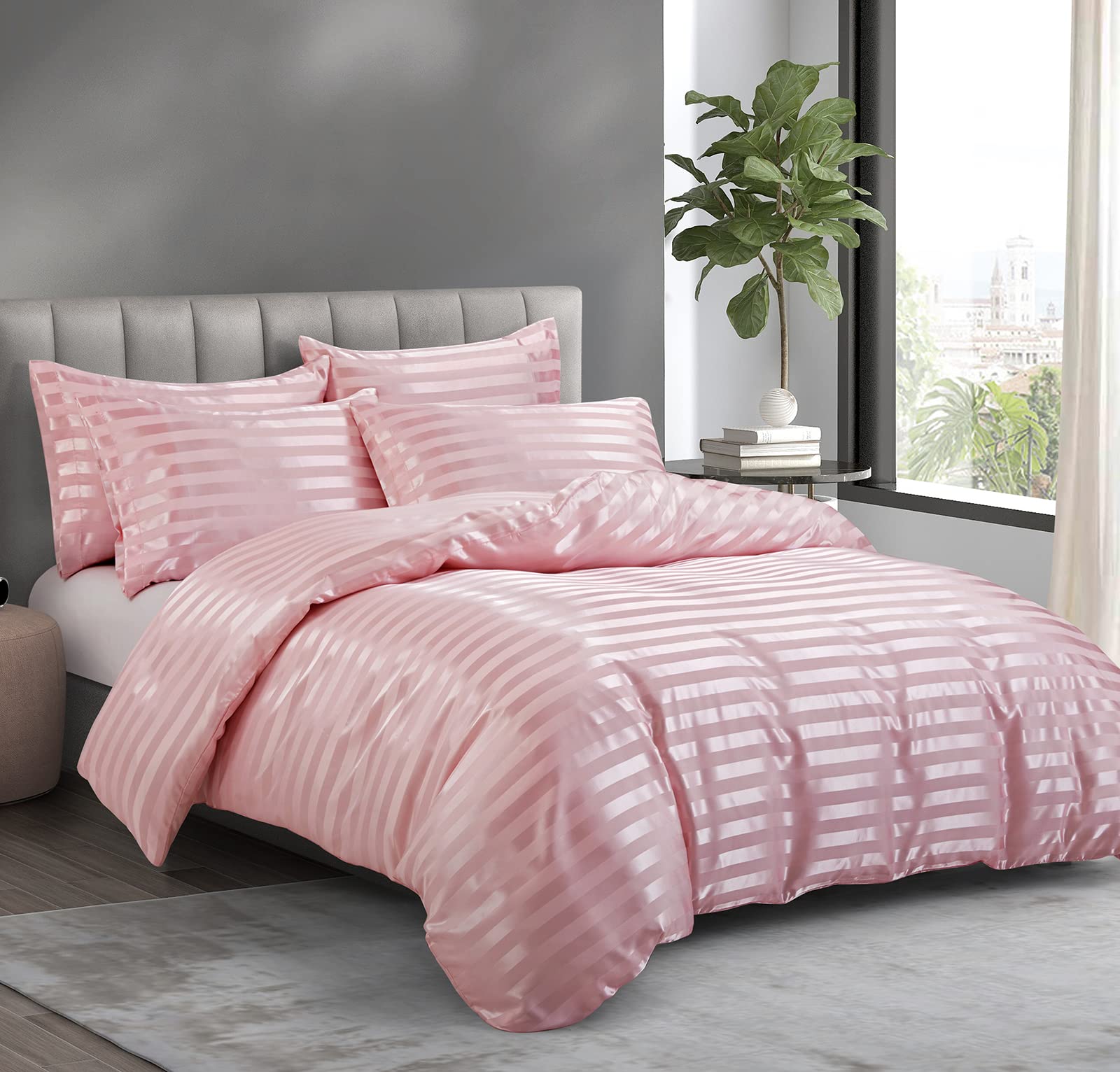 Photo 1 of P Pothuiny 5 Pieces Satin Striped Duvet Cover Full/Queen Size Set, Luxury Silky Like Blush Pink Stripe Duvet Cover Bedding Set with Zipper Closure, 1 Duvet Cover + 4 Pillow Cases (No Comforter)
