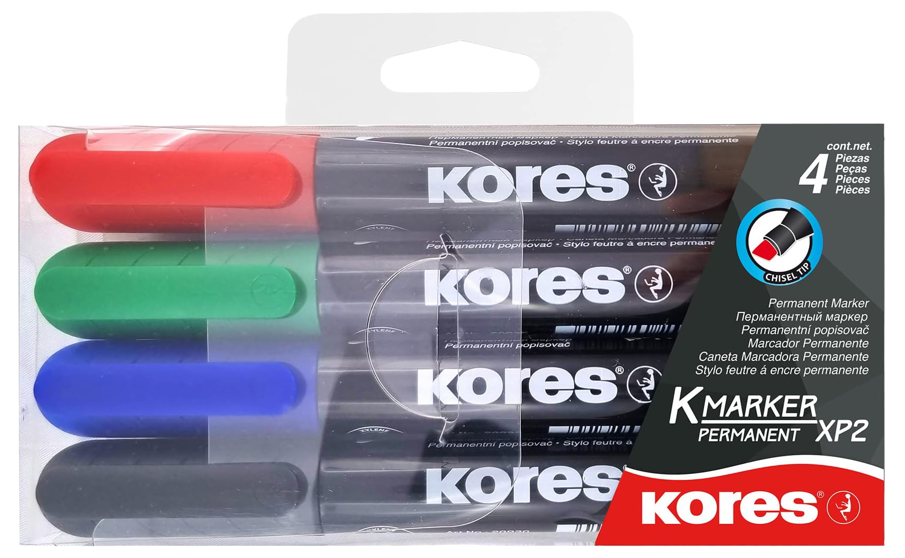 Kores - Coloured Permanent Marker Pens - K-Marker XP2, Chisel Tip with Low-Odour Ink - Waterproof Marker Pens for All Surfaces, Back to School Supplies, Office Supplies - Pack of 4 in Assorted Colours
