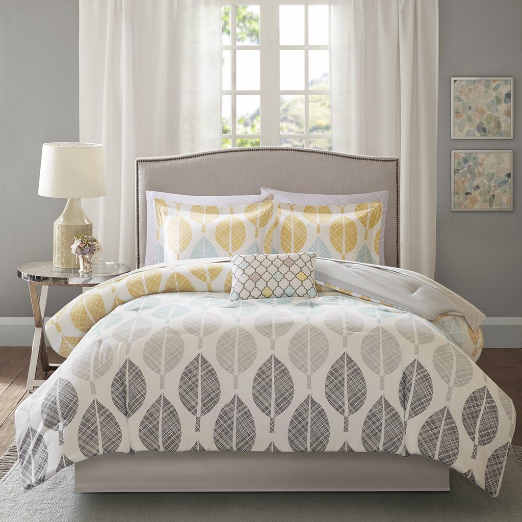 Madison Park Essentials Central Park Twin Size Bed Comforter Set Bed in A Bag - Yellow, Aqua, Grey, Leaf – 7 Pieces Bedding Sets – Ultra Soft Microfiber Bedroom Comforters