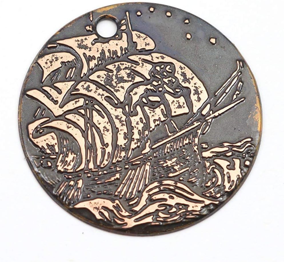 Etched copper lion ship pendant, round flat etching, 28mm