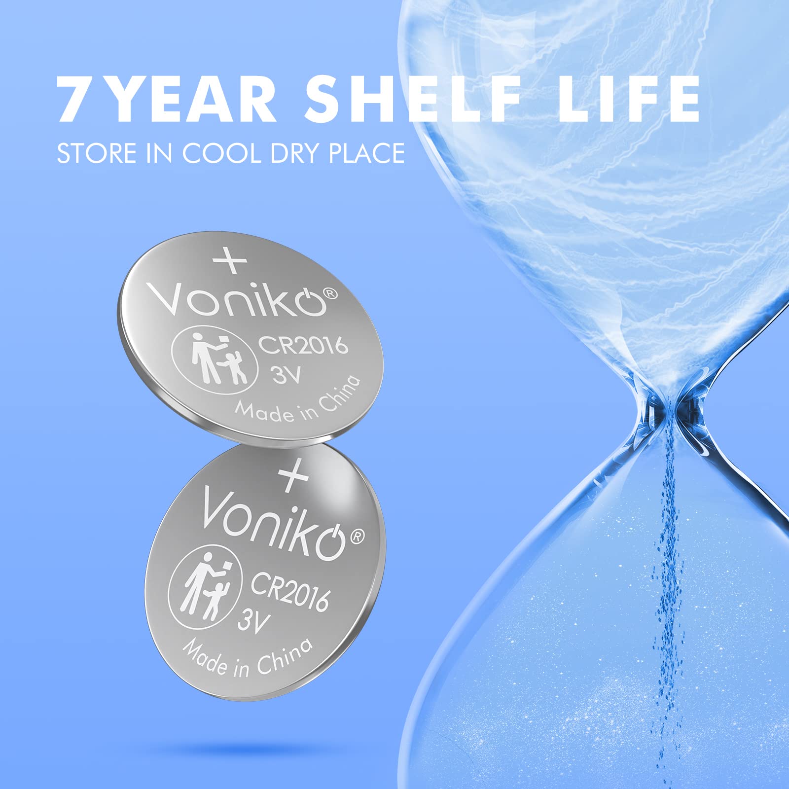 Voniko CR2016 3V Lithium Batteries 5 Pack for Child Safety, Compatible with Remotes, Key Fobs, Glucose Monitors - 7 Years Shelf Life