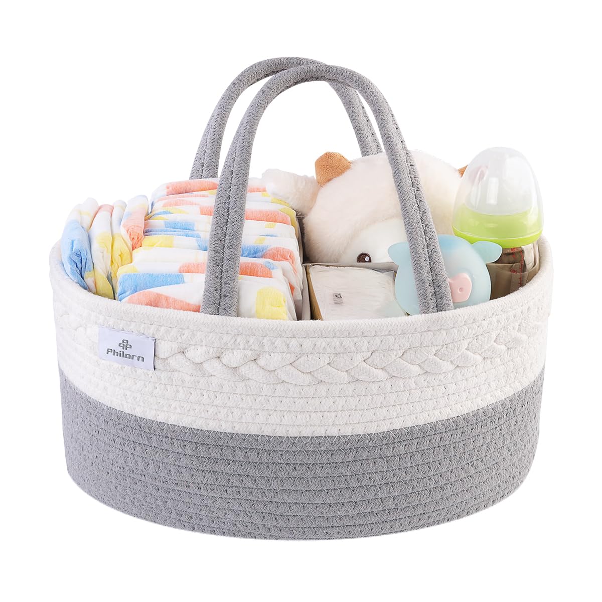 Philorn Nappy Caddy Organiser, Cotton Rope Newborn Essentials Diaper Caddy, Portable Nursery Storage Basket with Dividers for Changing Table, Car Baby Basket, Baby Shower Gifts