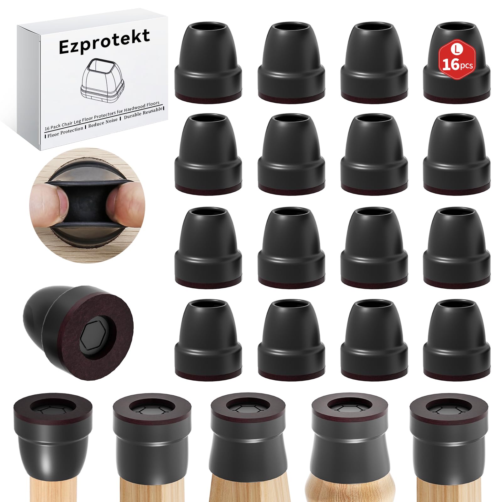 Ezprotekt Chair Leg Covers, 16 PCS 1.25" Black Silicone Chair Leg Floor Protectors with Wrapped Felt, Rubber Chair Leg Caps, Furniture Feet Protectors Pads, No Noise No Scratches