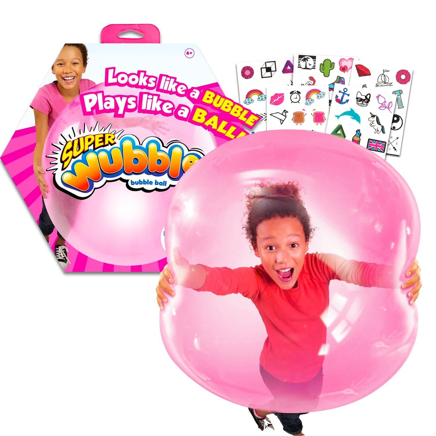 Photo 1 of Wubble Bubble Ball Pink - Bundle with Pink Super Bubble Tear-Resistant Ball Plus Temporary Tattoos | Wubble Ball for Kids, Boys, Girls