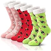 WAKOSAN Christmas Warm Fuzzy Slipper Socks for Women,Winter Fluffy Warm Indoor Socks,Free Size(3 Pairs)
