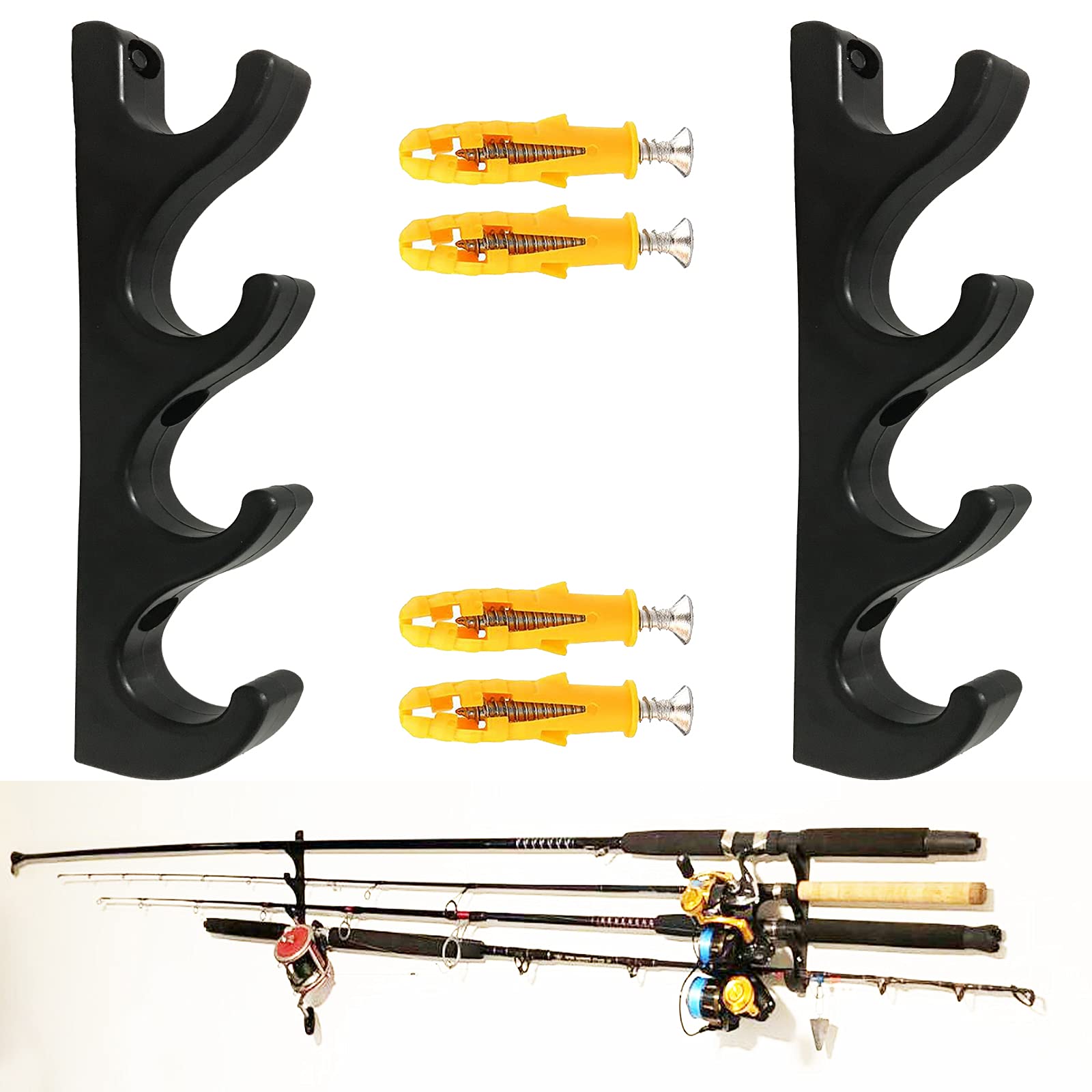Horizontal Rod Rack for Fishing Rod Wall Rack Storage Fishing Pole Holder for Garage & Cabin & Basement - Hold 4 Fishing Rods - Space Saving - Easy to Install, Hardware Included
