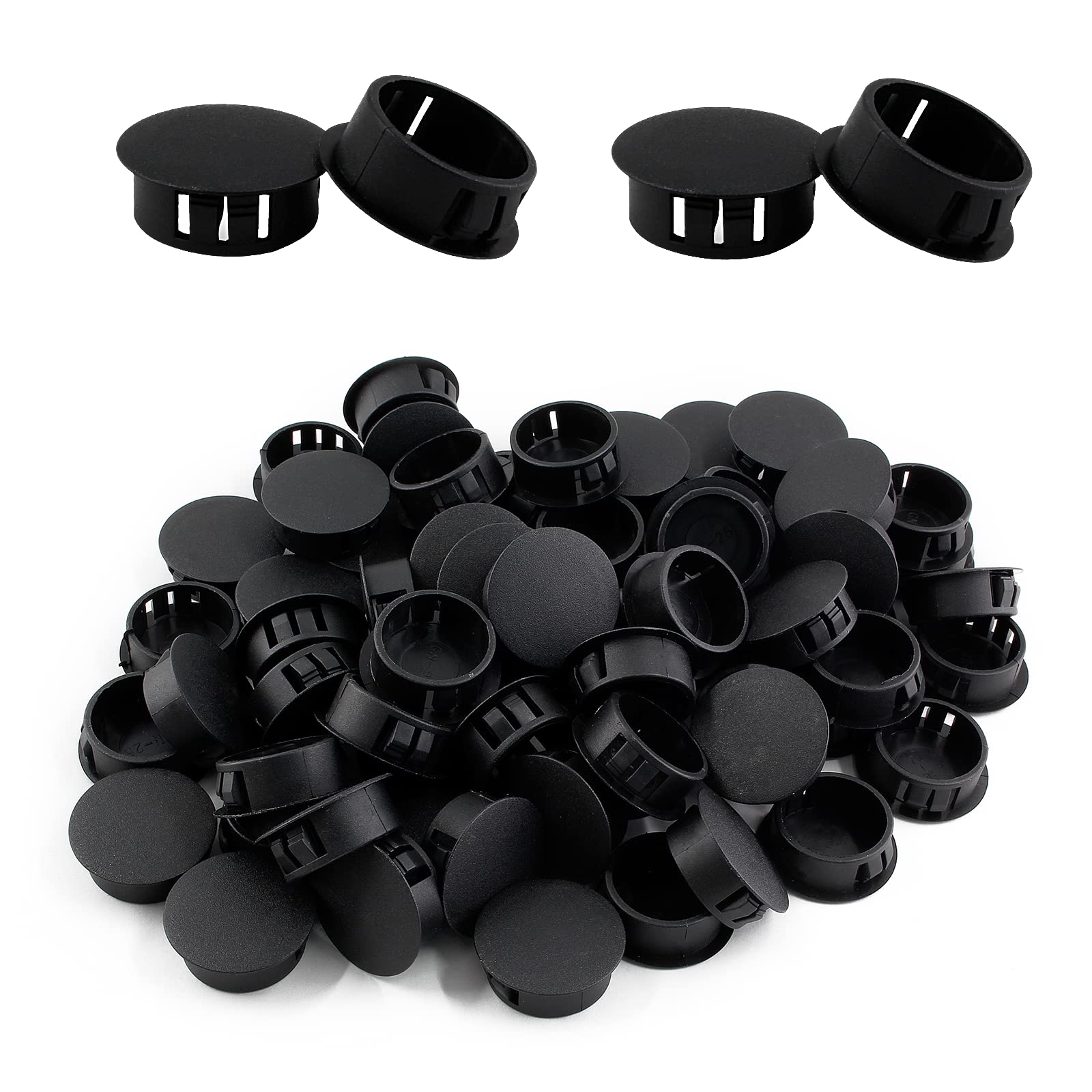 Cjueiom 60pcs 25mm / 1" Hole Plugs Black Plastic Hole Covers, Flush Type Drill Hole Cover Caps Snap in Locking Blanking Cap, Post Pipe Insert Screw Hole Cover for Kitchen Cupboard Cabinet Shelf