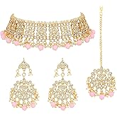 Aheli Elegant Indian Faux Kundan Studded Choker Necklace with Maang Tikka Set Ethnic Wedding Wear Bharatanatyam jewellery set Gift for Women