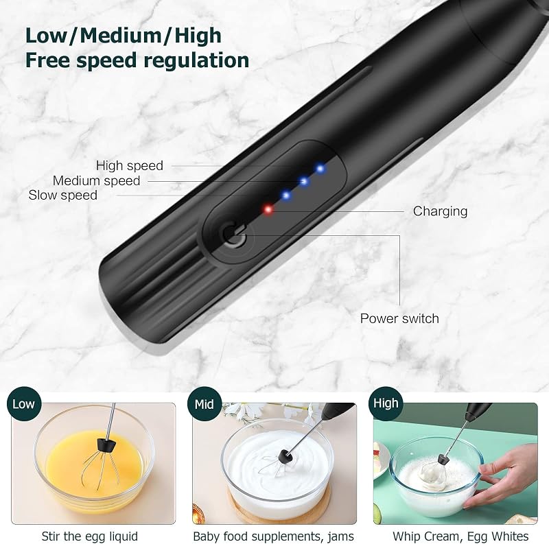 milchaufschäumer elektrisch stab,USB wiederaufladbar ​milchschäumer,melektrischer schneebesen 3 einstellbare geschwindigkeiten edelstahl für kaffee cappuccino latte heiße schokolade (Schwarz) — Foto 2 von 7