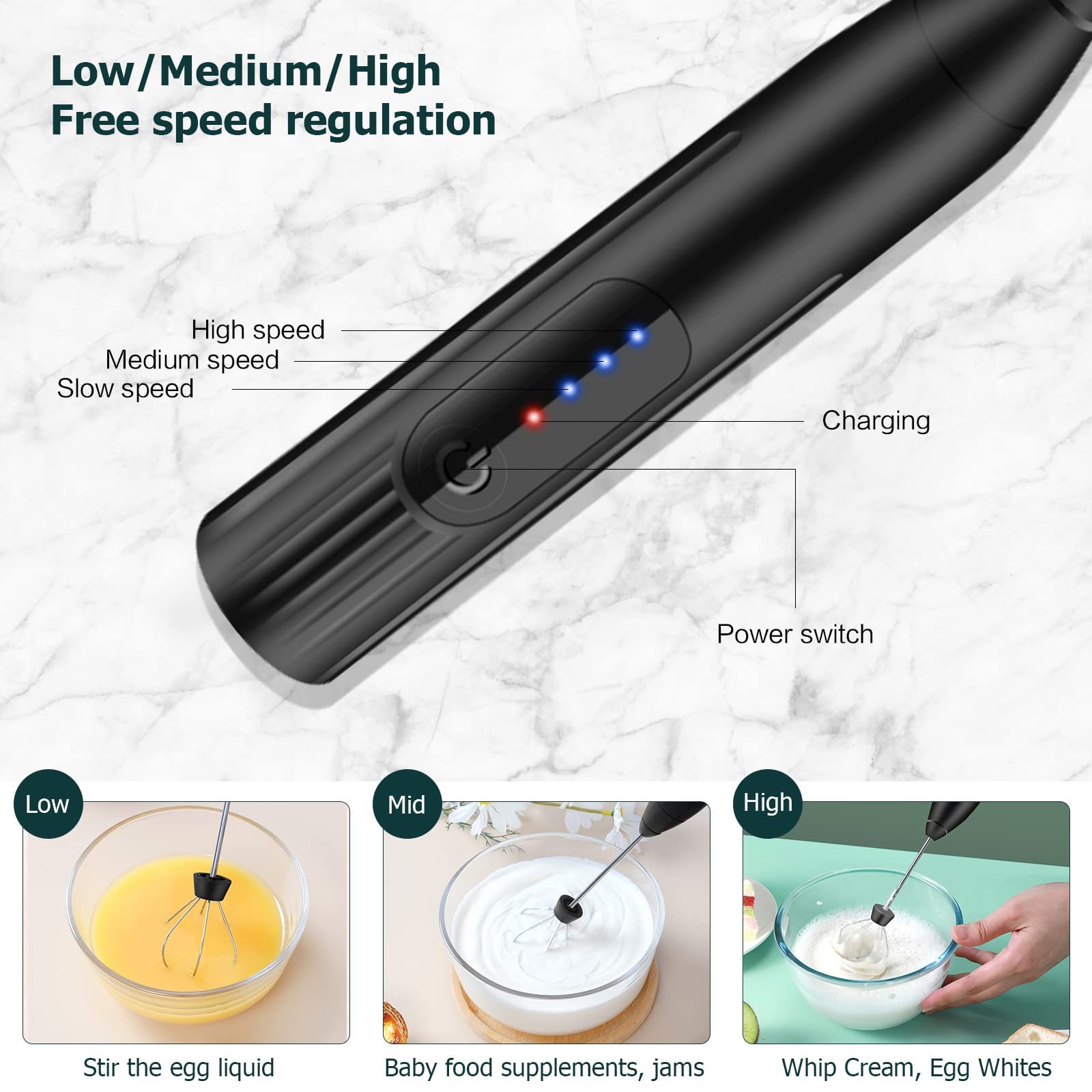 milchaufschäumer elektrisch stab,USB wiederaufladbar ​milchschäumer,melektrischer schneebesen 3 einstellbare geschwindigkeiten edelstahl für kaffee cappuccino latte heiße schokolade (Schwarz) 2