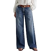 Flamingals Wide Leg Jeans for Women Mid Waist Baggy Stitch Decor Denim Washed Pants Without Belt