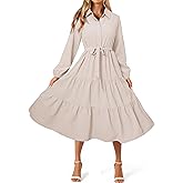 BerryGo Womens Long Sleeve Dresses 2026 Maxi Casual V Neck Belted Button Down Wedding Guest Shirt Dress with Pockets