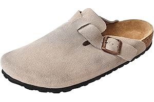 KLUKGE Boston Clogs for Men, Women‘s Suede Soft Leather Clogs Adjustable Buckle Cork Non-Slip Slippers Home Sandals Unisex Shoes