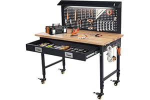 ACONEE 48" x 24" Adjustable Workbench 2000 Lbs Capacity, Rubber Wood Shop Table Heavy Duty Workstation with Drawer Table, Backplate, Metal Frame, Wood Top Workbench for Workshop Office Home Garage
