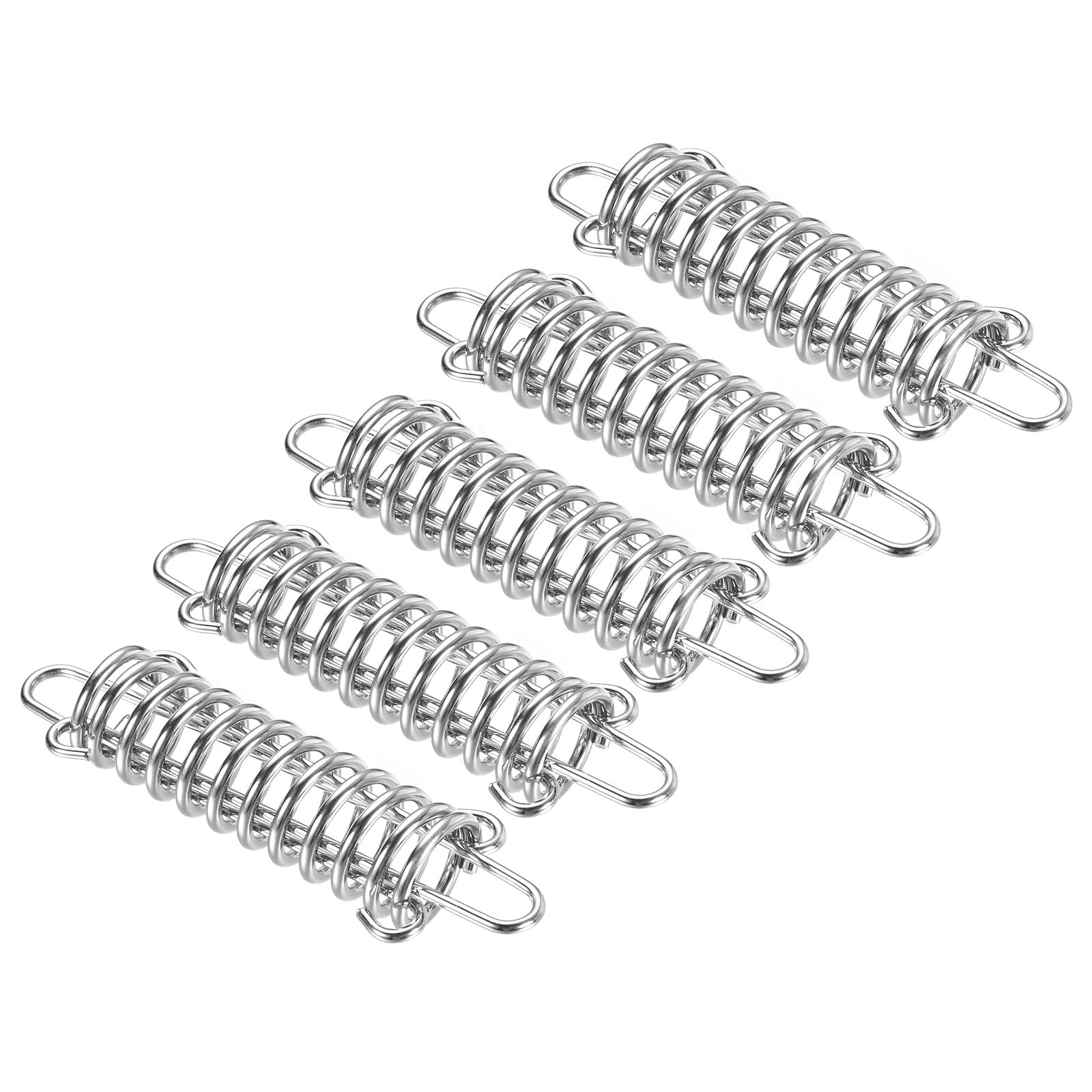 M METERXITY 5 Pack Tent Spring Buckle - Windproof Stainless Steel Rope Tensioner Awning Spring Hook, Apply to Camping Hiking (120x37mm, Silver Tone)