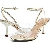 JENN ARDOR Clear Heels for Women Kitten Strappy Sandals Comfort Round Open Toe Ankle Strap Stilettos Wedding Party Low Heeled Dress Shoes