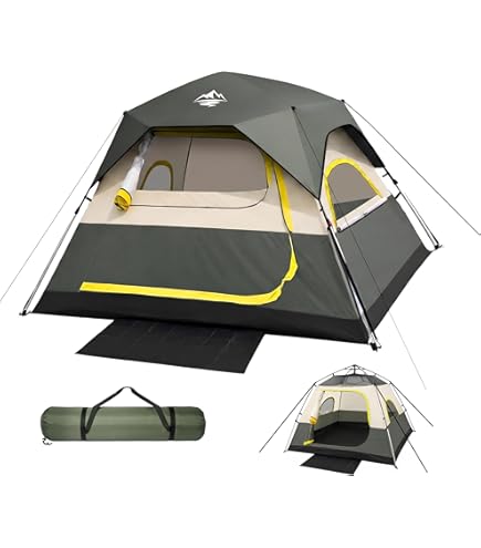 Naturehike Cubby 4 Person Instant Pop Up Camping Tent, 60s Easy Setup Cabin Tent with Removable Top Cover, Multi-Door Multi-Window Portable Hub Tent for Family Outdoor Camping & Overlanding