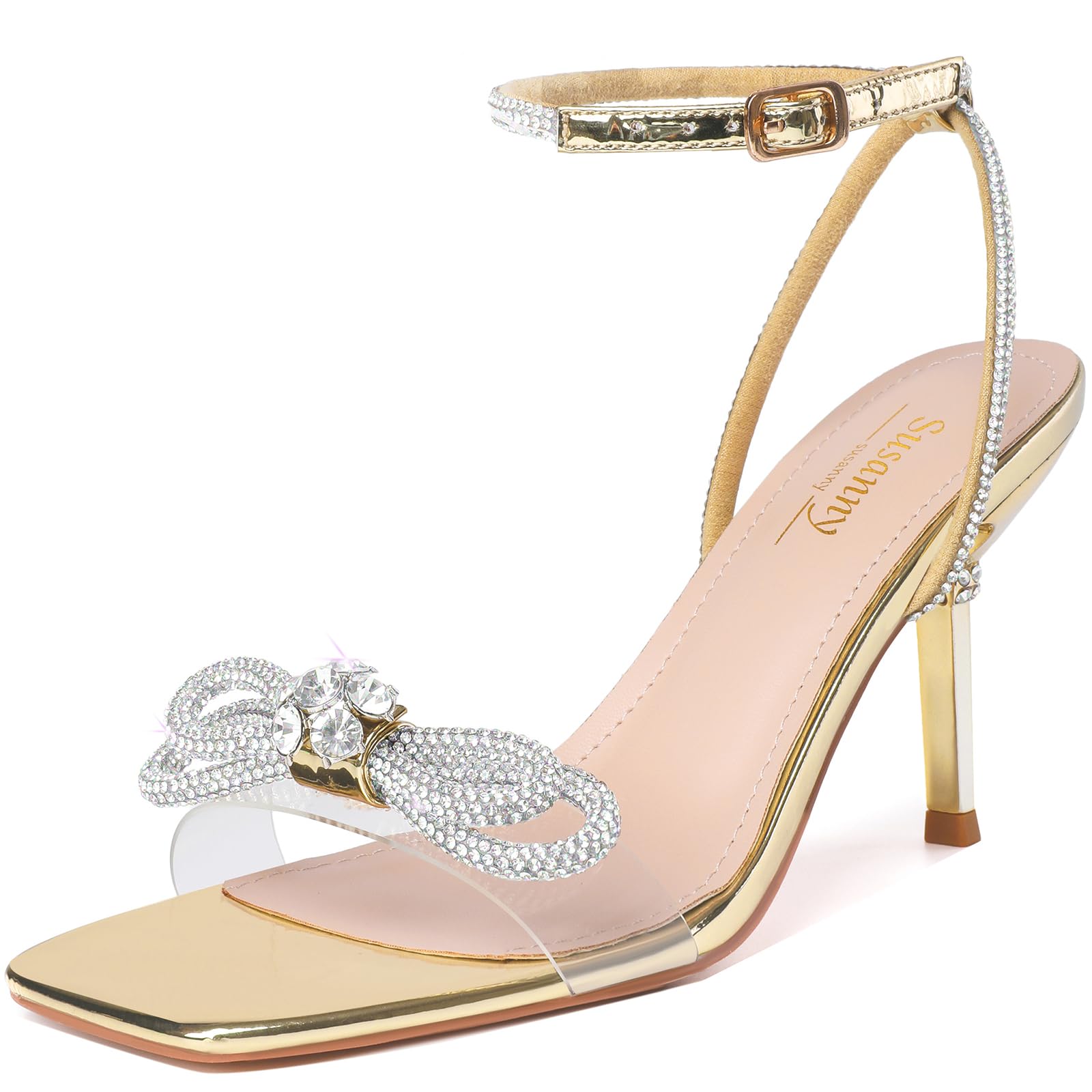 Susanny Gold Heels for Women Rhinestone Wedding Strappy Sandals Sparkly Clear Bow Kitten Heels Sexy Ankle Strap Bridal Party Dress Shoes 10.5 Image