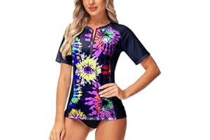 AOBUTE Women Zip Rash Guard UPF 50+ Gradient Short Sleeve Swim Top Surf Shirts