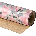 RUSPEPA Floral Wrapping Paper Roll for Women, Mini Roll, Pink Flower with Foliage Kraft Paper, Gray Vintage Gift Wrap for Birthday, Wedding, Anniversary and Mother's Day, 17 Inches x 32.8 Feet