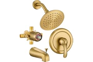 Brushed Gold Shower Tub Faucet Set with Valve, 6-Inch Gold Shower Head and Handle Set, High Pressure Shower Trim Kit, Bathroo