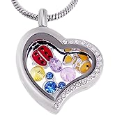 RUBYCA Themed Heart Locket Necklace Crystal Birthstone Living Memory Floating Charm Silver Tone DIY