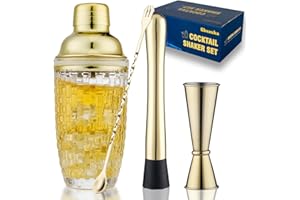 Gbuxska Gold Cocktail Shaker Set - Glass Cocktail Shaker with Strainer - Martini Shaker Set -Matching Cocktail Jigger & Bar S