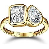 Yaresul 6x8mm 3.5CT Toi Et Moi Ring 925 Sterling Silver 14k Gold Plated Engagement Ring For Women Double Stone Ring Emerald & Pear Cut Cubic Zirconia Wedding Ring Width Band 1.9mm - Size 5-9