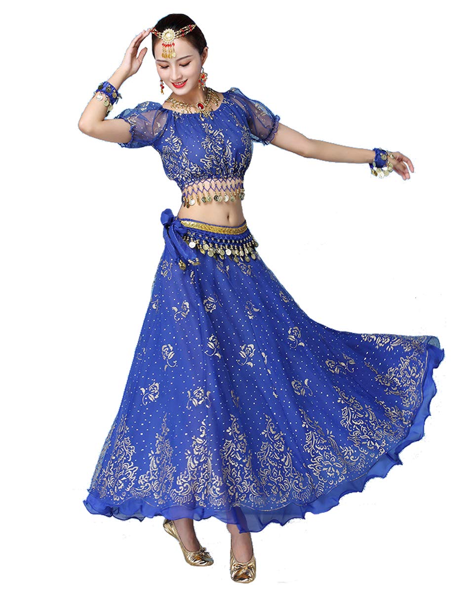 Grouptap Bollywood blue indian womens ladies fancy anarkali salwar kameez dress arabian princess belly dance skirt outfits costume (Blue, 150-170 cm, 45-70 kg)