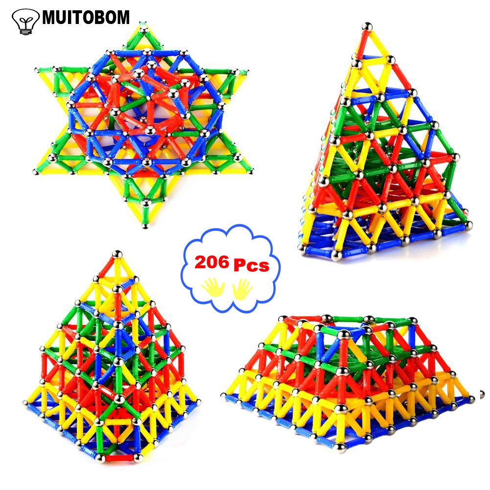 MUITOBOM 206 pcs Educational Magnetic Sticks Building Blocks Toys, Magnetic Tiles Construction Blocks 3D Educational Toy Set for Kids