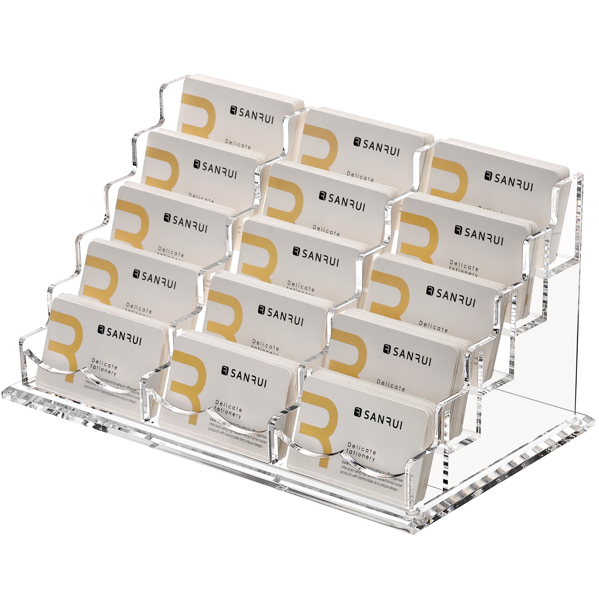 SANRUI Clear Business Card Holder Stand for Desk, Acrylic Desktop Horizontal Display Name Cards Holders Organizer Storage Rack,for Exhibition, Home , Office ,5 Tier 15 Pocket , 900 Card Capacity