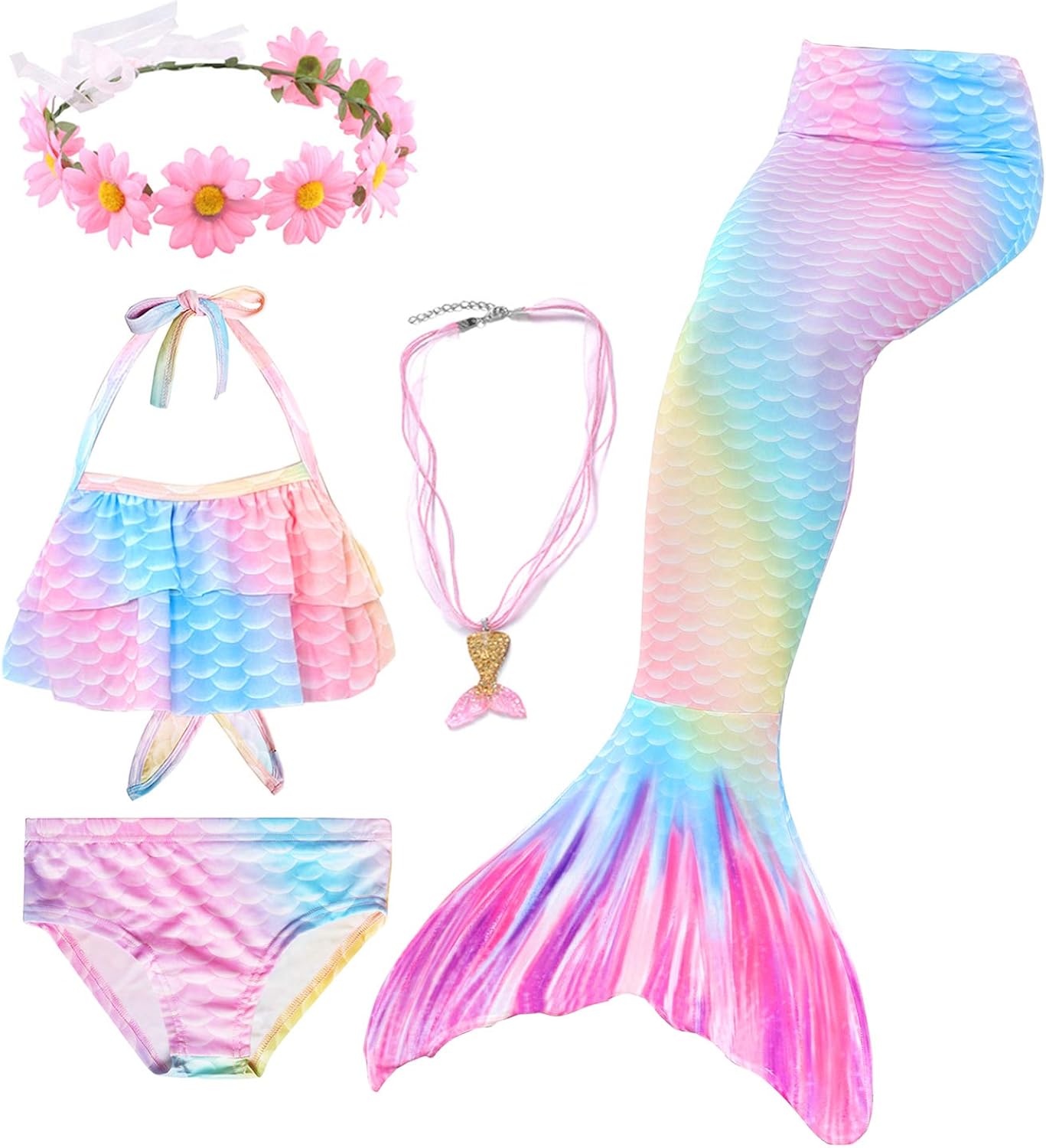 5Pcs Girls Swimsuit Mermaid Tails for Swimming for Girls Princess Bikini Costume Bathing Suits Set for Kids Gift: Clothing