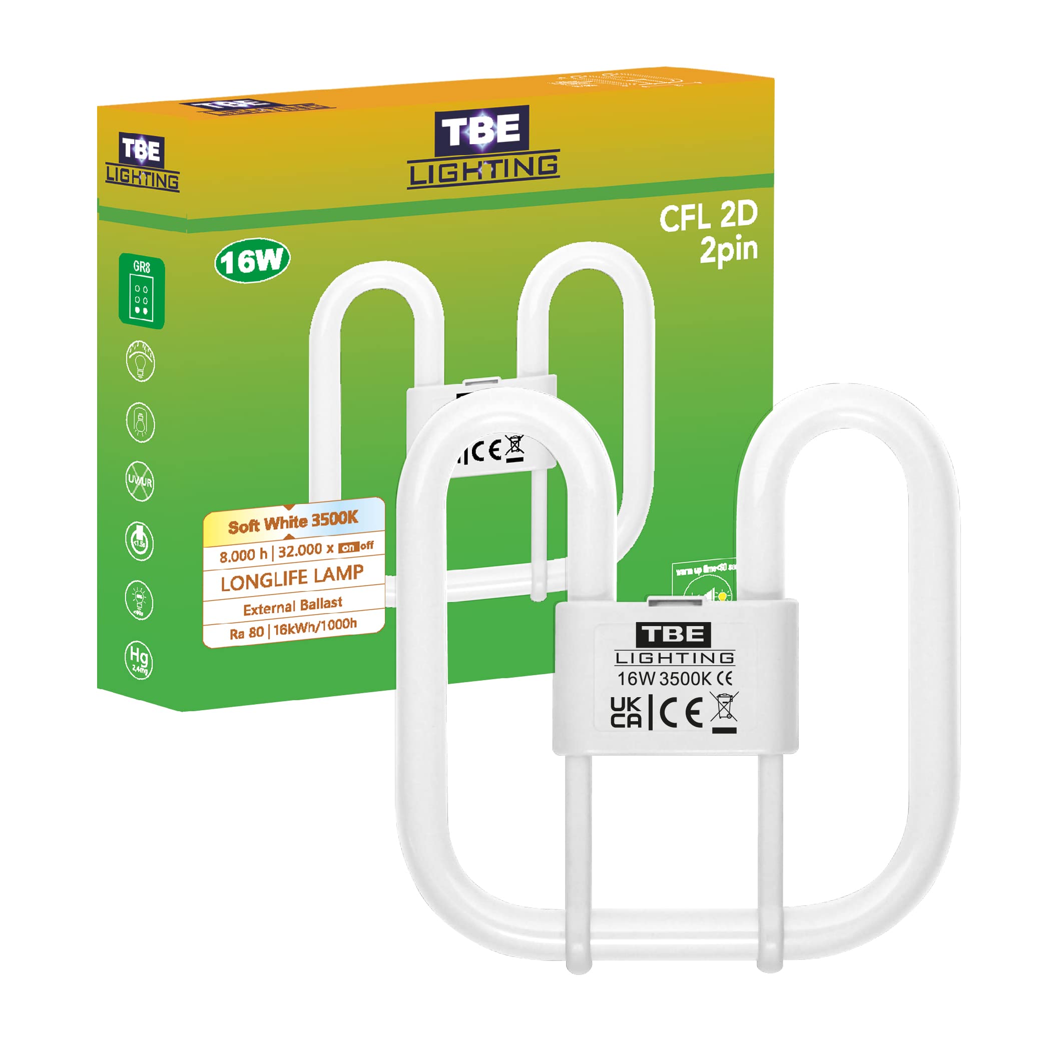 TBE Lighting 16w 2D 2-PIN CFL Energy Saving Lamps - DD Fluorescent Bulbs - 2-Pin GR8 Base Fittings - Long Life Lamp, Soft White 3500K (Single Unit)
