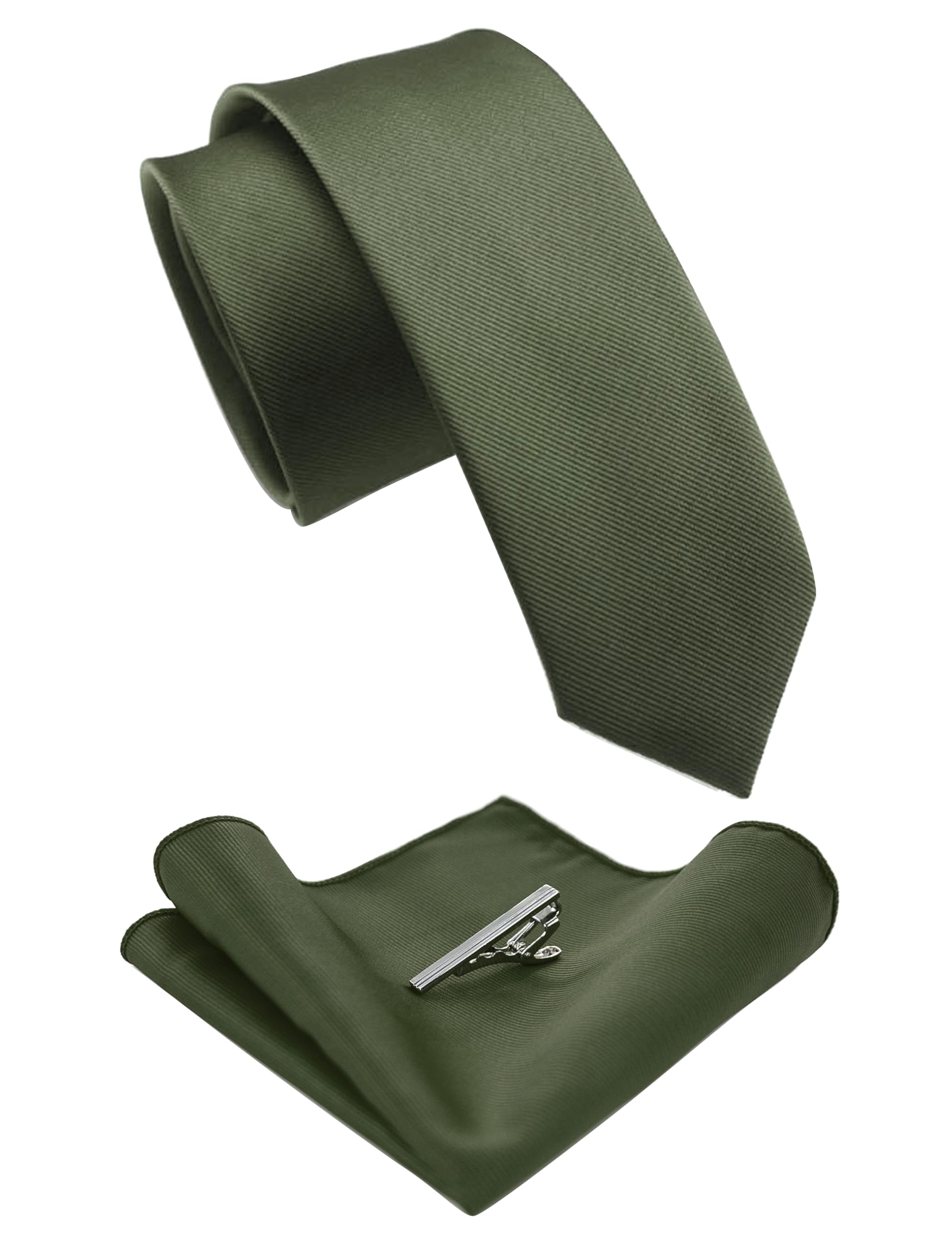 Photo 1 of JEMYGINS 2.4" Olive Green Skinny Tie and Pocket Square with Tie Clip Sets for Men (42)