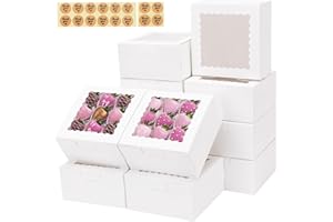 TOMNK 16pcs Cookie Boxes with Window, 6x6x3 Inches Bakery Boxes for Treats, Chocolate Covered Strawberries, Cupcake, Pastry(with Stickers)